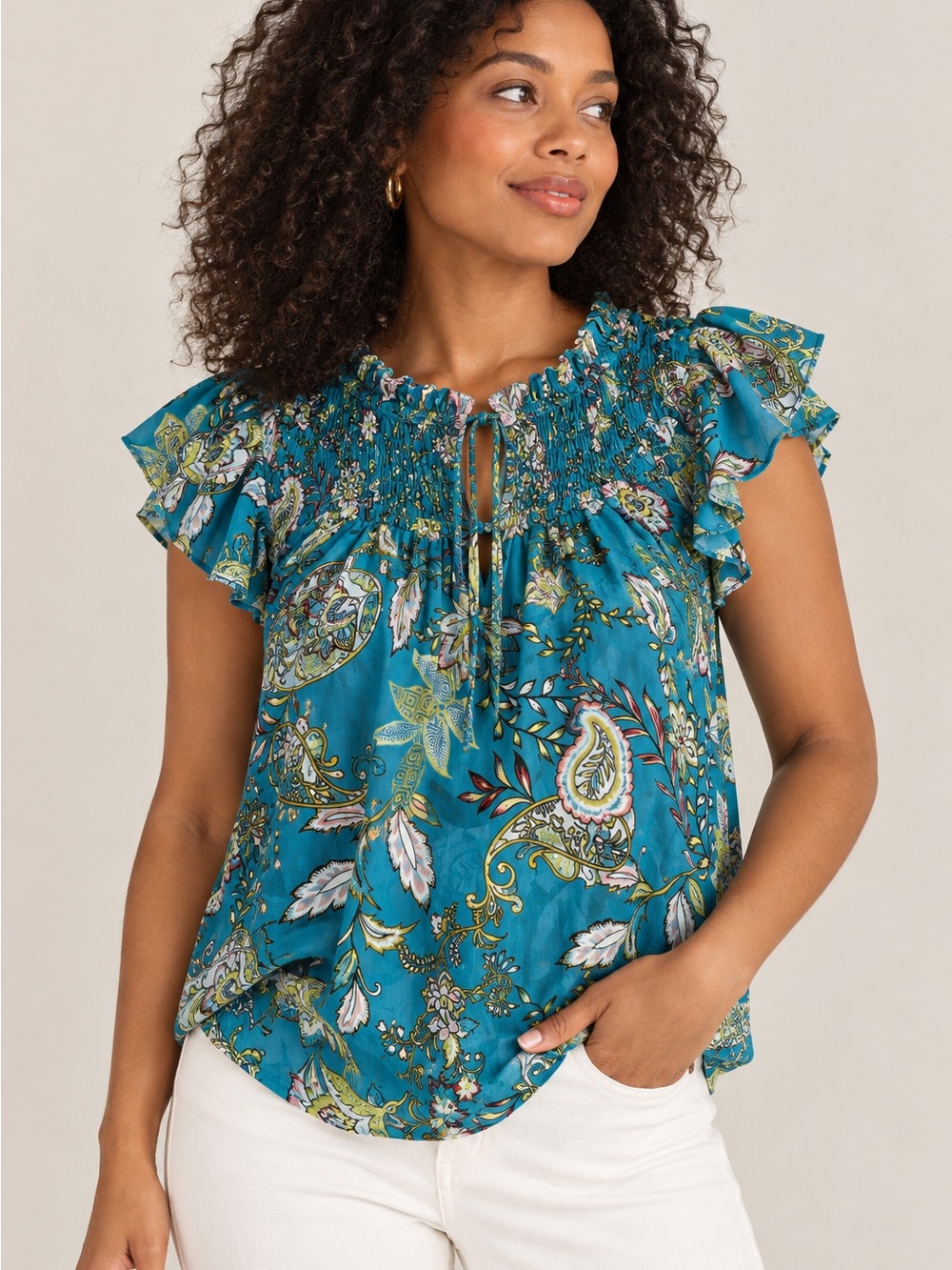 White House Black Market Teal Paisley Smocked Flutter Sleeve Top